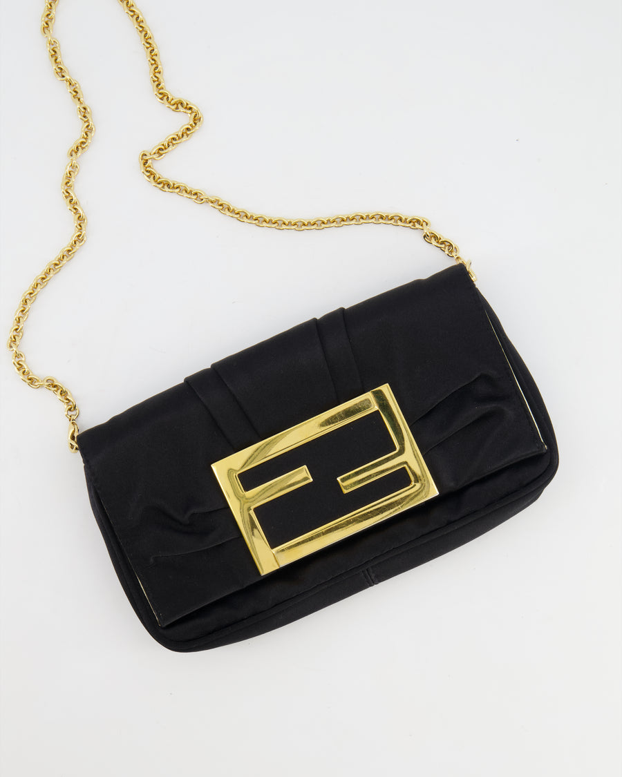 Fendi Black Satin Baguette Clutch Bag with Detachable Chain Strap Detailing