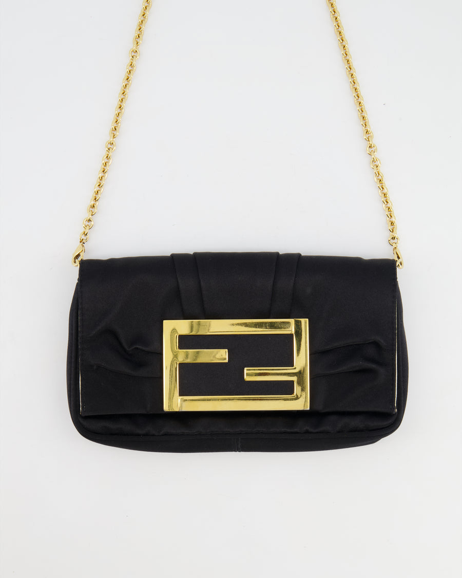 Fendi Black Satin Baguette Clutch Bag with Detachable Chain Strap Detailing