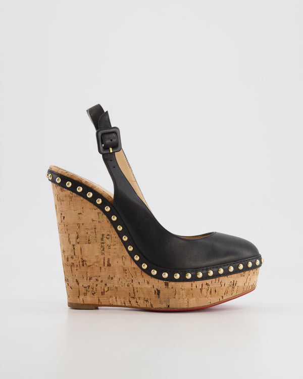 Christian Louboutin Black Leather Wedges with Gold Details Size EU 37