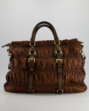 Prada Brown Ruched Leather Tote Bag with Gold Hardware