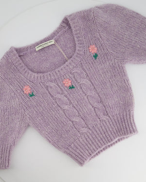 Alessandra Rich Lilac Long-Sleeve Cropped Sweater with Flower Detail IT 38 (UK 6)