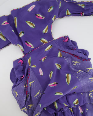 Louis Vuitton Purple Silk Printed Off-the-shoulder Ruffle Mini Dress Size FR 34 (UK 6)