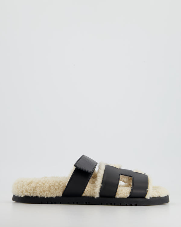 Hermès Black Leather and Shearling Chypre Sandals Size EU 37.5