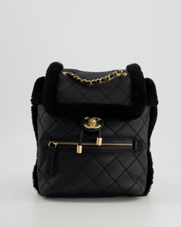 Chanel Black Calfskin Quilted Leather and Shearling Backpack with Brushed Gold Hardware