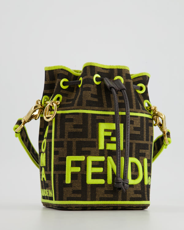 Fendi Brown Monogram with Lime Logo Stitch Mon Trésor Bucket Bag with Gold Hardware