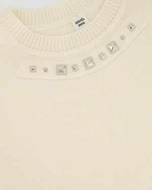Hermès Cream Knitted Wool Jumper with Studded Neckline Detail Size FR 40 (UK 12)