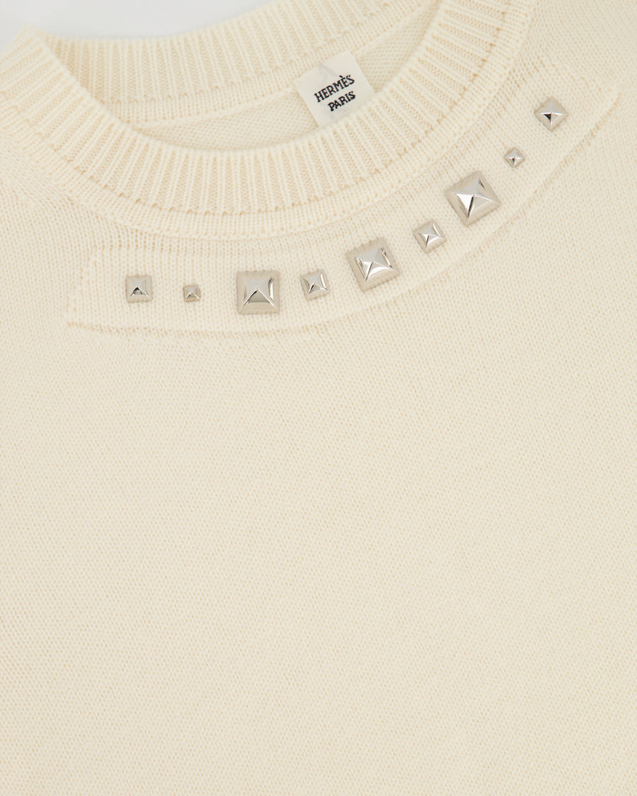Hermès Cream Knitted Wool Jumper with Studded Neckline Detail Size FR 40 (UK 12)