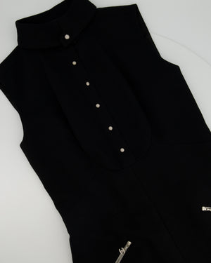 Chanel Black Sleeveless Wool Midi Dress with Crystal CC Zip Detail and Crystal Buttons Size UK 10
