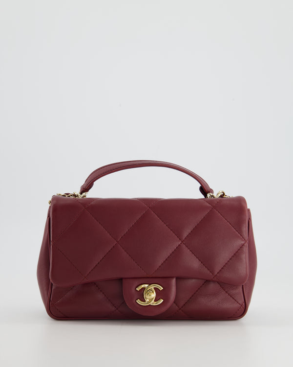 Chanel Burgundy Mini Rectangular Flap Bag with Top Handle and Cross-Body Strap Lambskin Leather and Gold Hardware