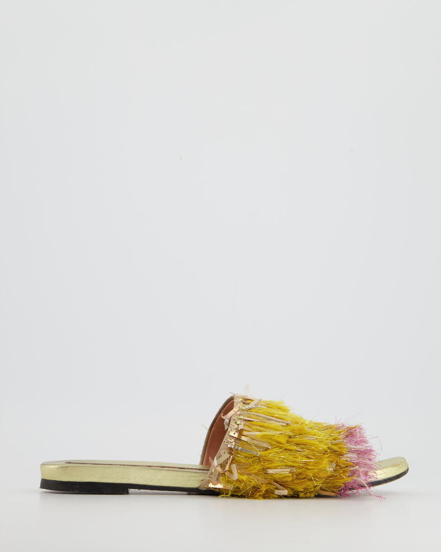 Rochas Yellow, Gold and Pink Fringed Flat Sandals Size EU 40.5