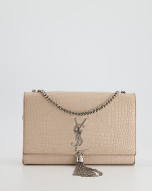 Saint Laurent Cream Crocodile Embossed Cross-Body Wallet Bag with Silver Hardware and Tassel Detail