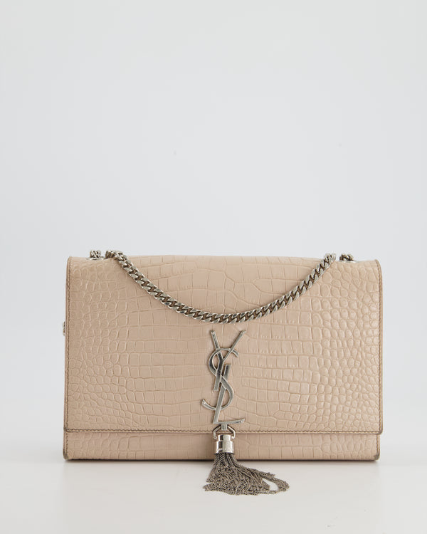 Saint Laurent Cream Crocodile Embossed Cross-Body Wallet Bag with Silver Hardware and Tassel Detail