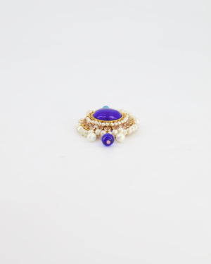Chanel Vintage Blue, Pearl and Crystal Embellished Brooch with Gold Hardware