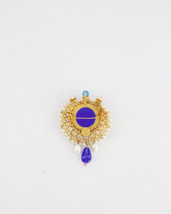 Chanel Vintage Blue, Pearl and Crystal Embellished Brooch with Gold Hardware
