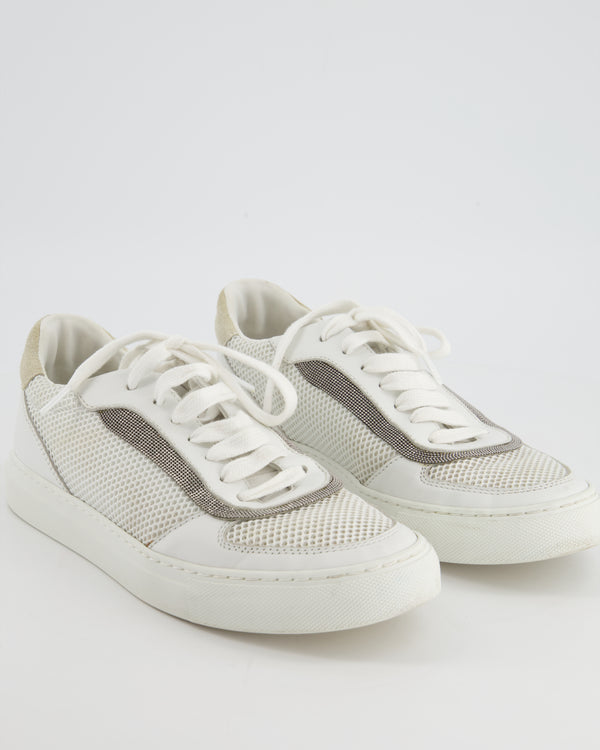 Brunello Cucinelli White Leather Trainers with Crystals Detail Size EU 39