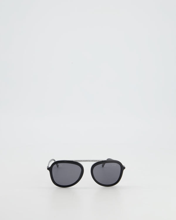 Chanel Black Aviator Style Sunglasses with Silver Bridge