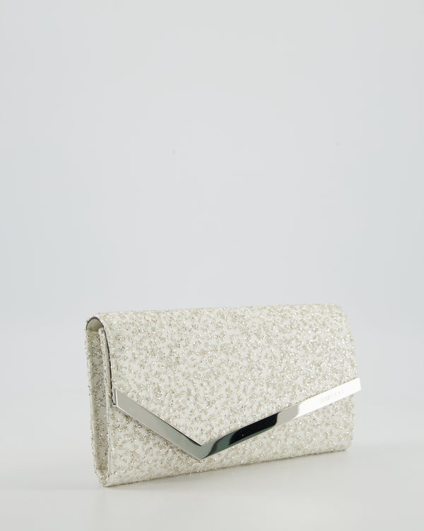 Jimmy Choo Ivory Glitter Embellished Emmie Tulle Clutch Bag with Silver Hardware