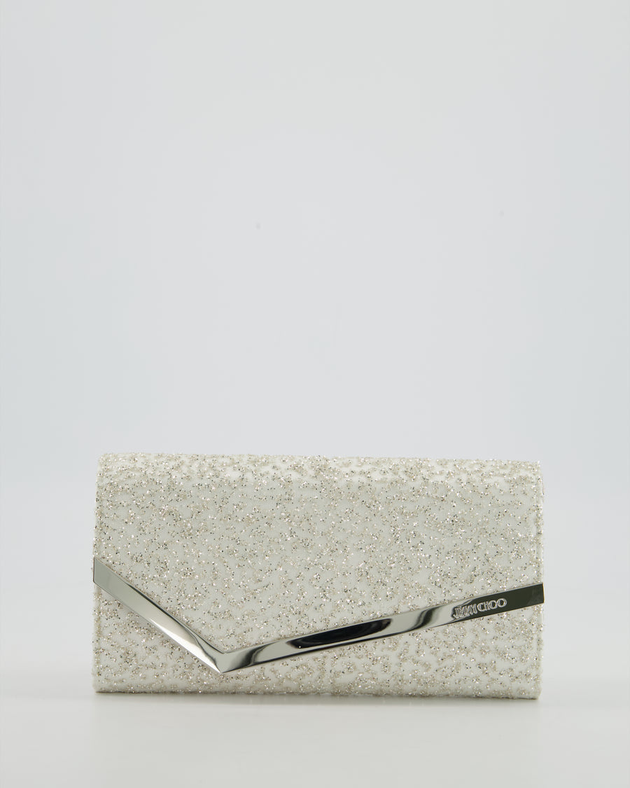Jimmy Choo Ivory Glitter Embellished Emmie Tulle Clutch Bag with Silver Hardware