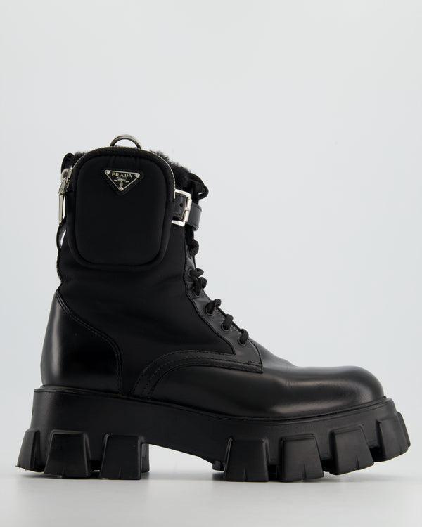 Prada Black Monolith Brushed Leather and Shearling Chunky Boots with Pouch Size EU 40