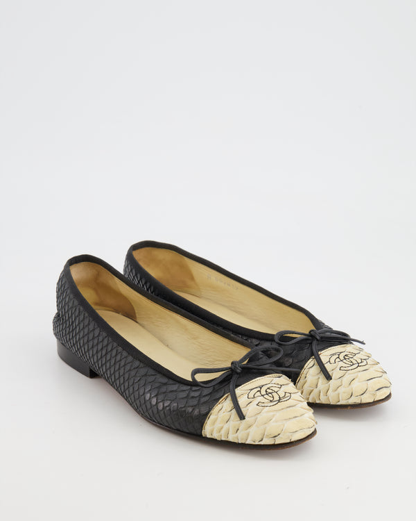 Chanel CC Beige and Black Python Leather Ballerina Flats Size 36.5