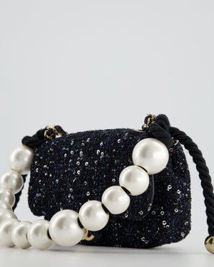 Chanel Navy Sequin Tweed Mini Rectangular Bag with Pearl Rope Handle and Champagne Gold Hardware