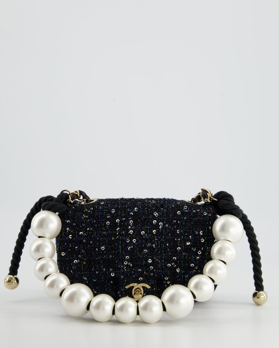 Chanel Navy Sequin Tweed Mini Rectangular Bag with Pearl Rope Handle and Champagne Gold Hardware