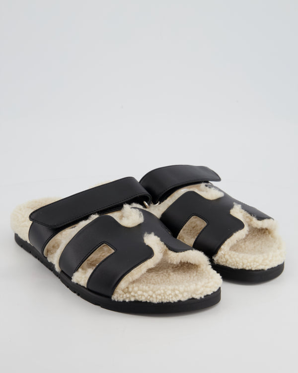 *HOT* Hermès Black Leather and Shearling Chypre Sandals Size EU 39