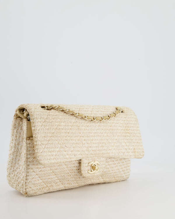 Chanel Medium Classic Double Flap Bag in Beige and Gold Tweed with Champagne Gold Hardware