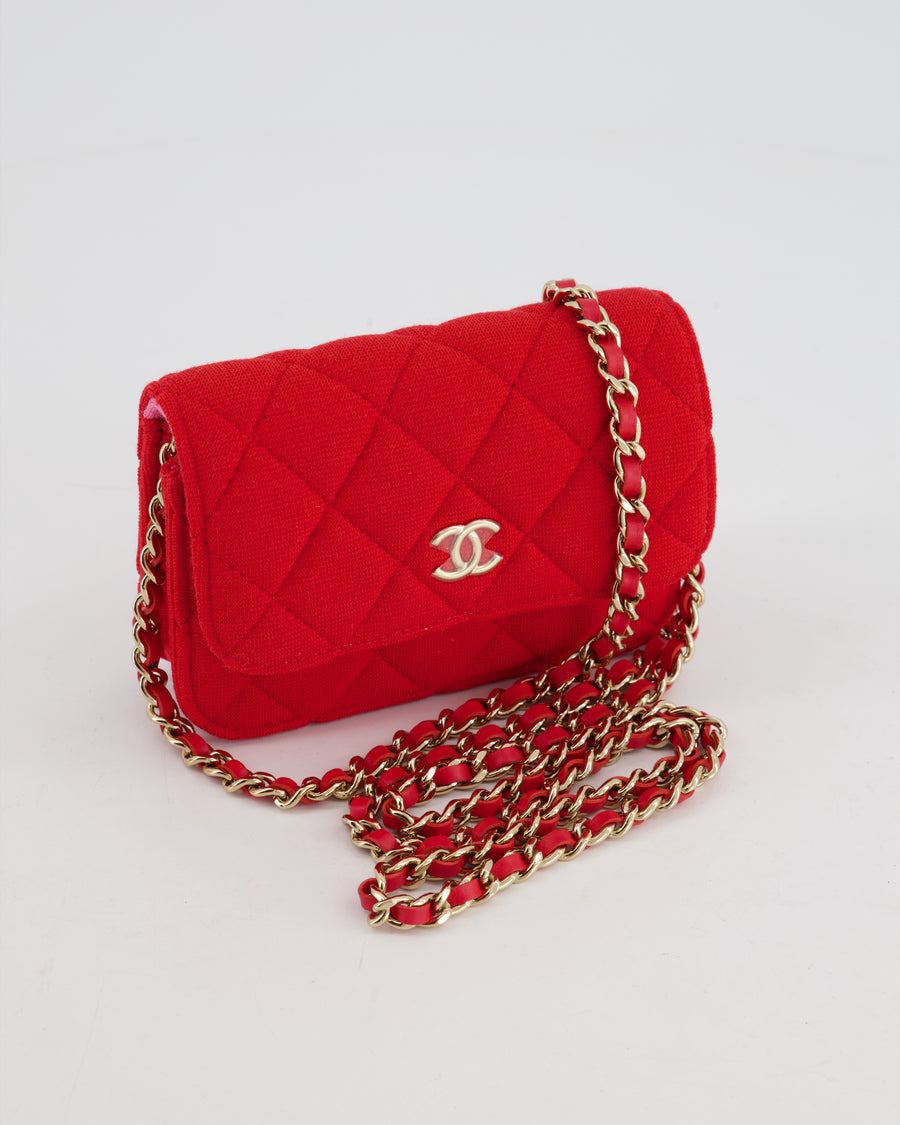 Chanel Ultra Mini Red Jersey Fabric Cross-Body Bag with Champagne