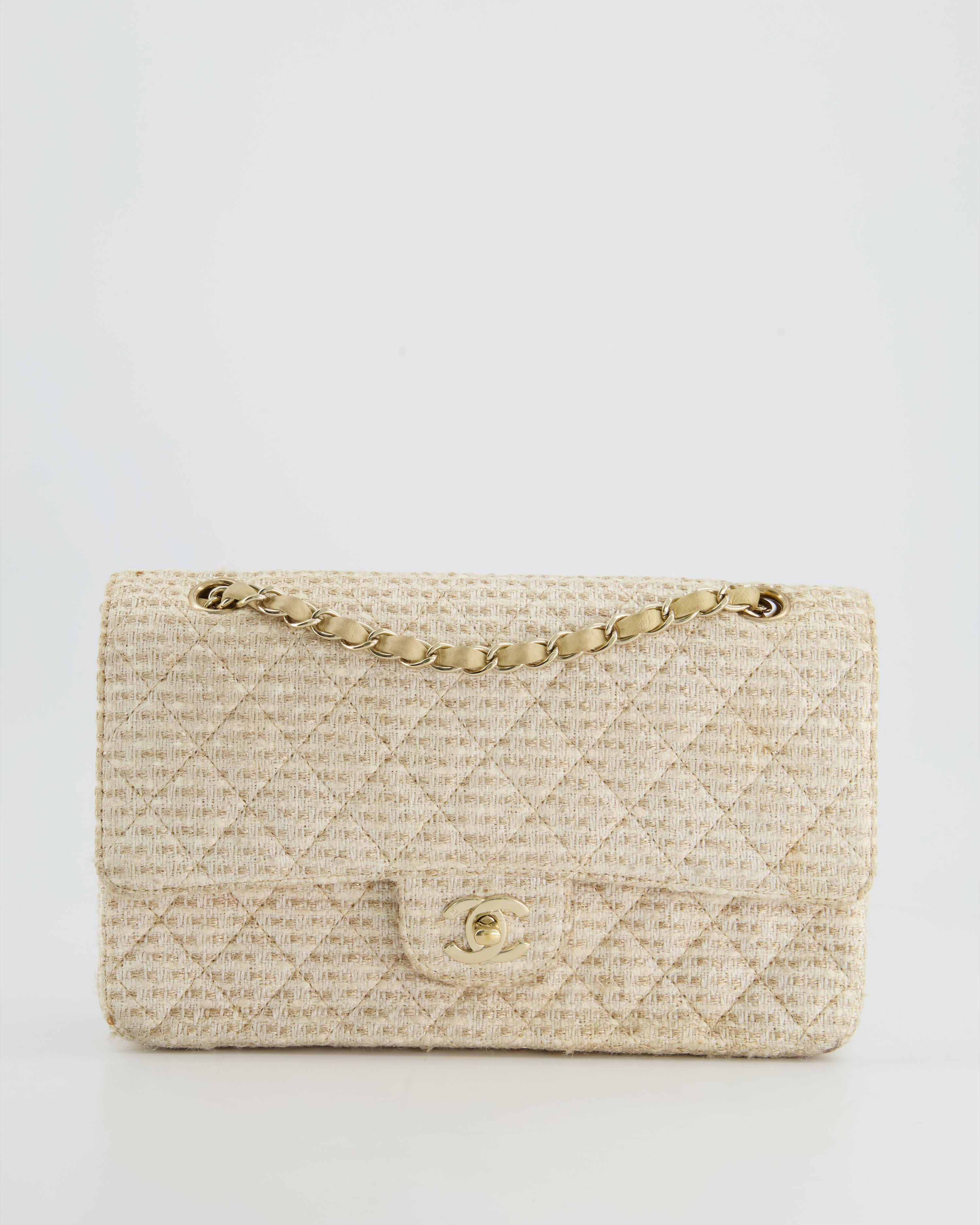 Chanel Medium Classic Double Flap Bag in Beige and Gold Tweed