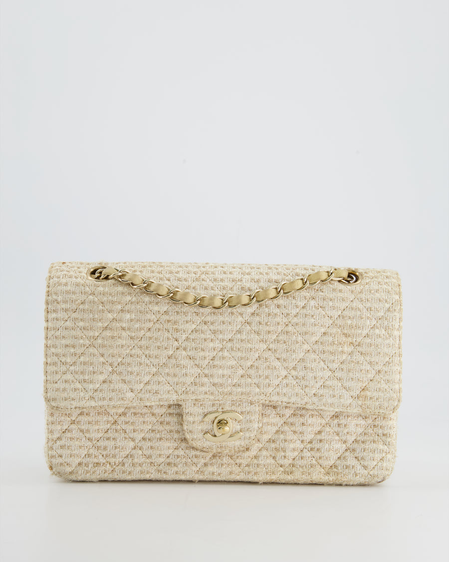 Chanel Medium Classic Double Flap Bag in Beige and Gold Tweed with