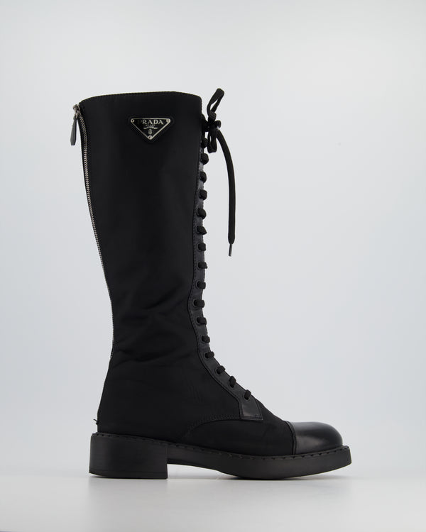 Prada Black Re-Nylon and Leather Lace Up Knee-High Boots Size EU 39.5 RRP £1300