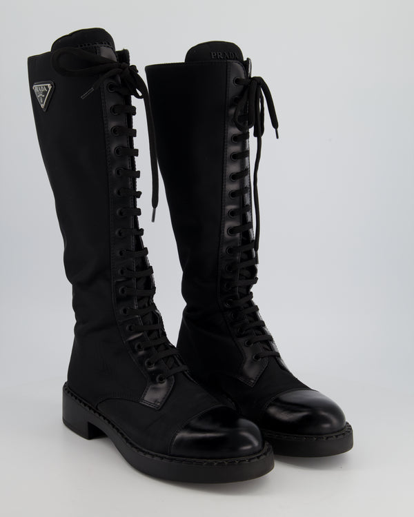 Prada Black Re-Nylon and Leather Lace Up Knee-High Boots Size EU 39.5 RRP £1300