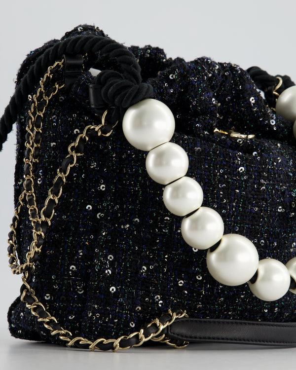 *HOT* Chanel Navy Sequin Tweed Hobo Bag with Pearl Rope Handle and Champagne Gold Hardware