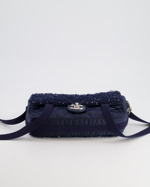 Chanel Navy Sequin Tweed and Nylon Astronaut Flap Bag with Silver Hardware
