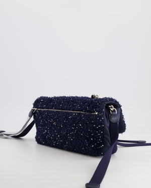 Chanel Navy Sequin Tweed and Nylon Astronaut Flap Bag with Silver Hardware