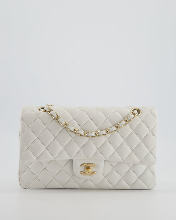 *HOT* Chanel White Medium Classic Double Flap Bag in Lambskin Leather with Brushed Gold Hardware