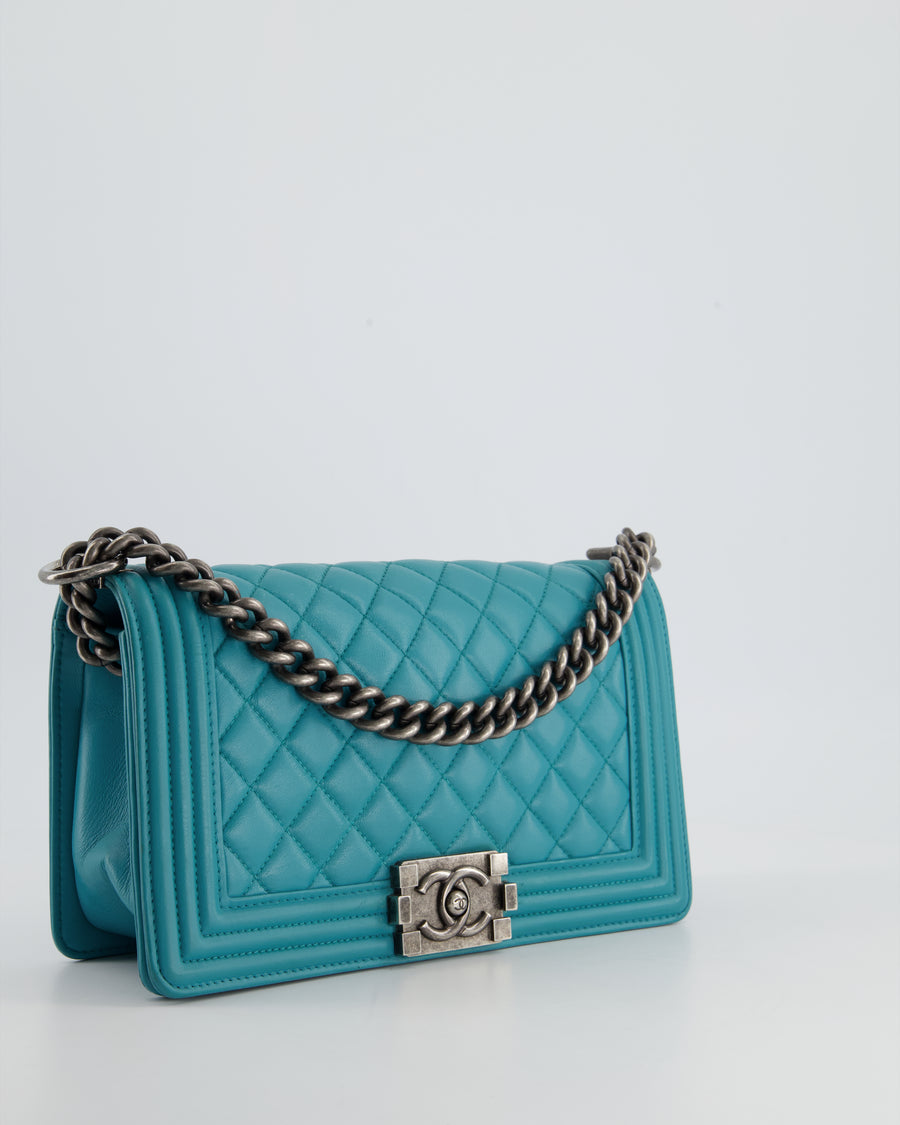 *FIRE PRICE* Chanel Teal Blue Medium Boy Bag in Lambskin Leather with Ruthenium Hardware