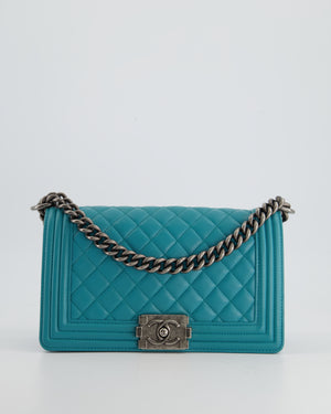 *FIRE PRICE* Chanel Teal Blue Medium Boy Bag in Lambskin Leather with Ruthenium Hardware