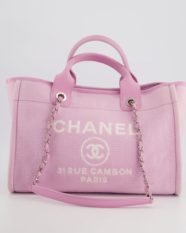 *NEW SIZE* Chanel Lilac Canvas Small Deauville Tote Bag with CC Logo Print and Silver Hardware