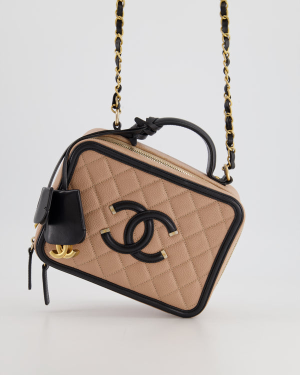 *HOT* Chanel Caramel and Black CC Vanity Case Bag in Caviar Leather with Brushed Gold Hardware