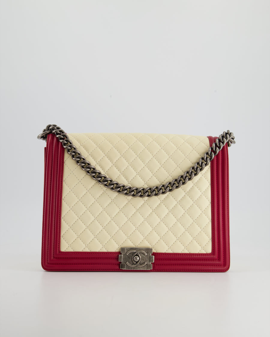 Chanel Cream and Red Large Boy Bag in Lambskin Leather with Ruthenium –  Sellier