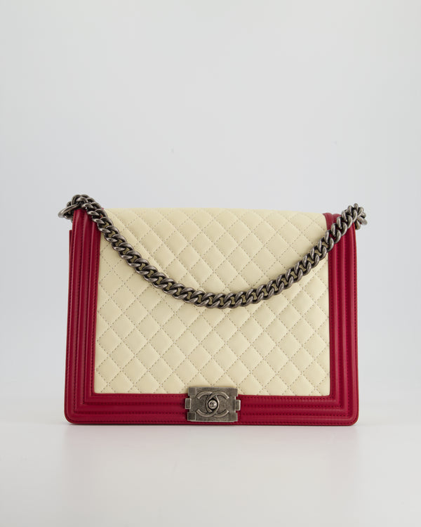 Chanel Cream and Red Large Boy Bag in Lambskin Leather with Ruthenium Hardware