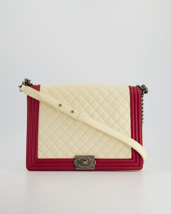 Chanel Cream and Red Large Boy Bag in Lambskin Leather with Ruthenium Hardware