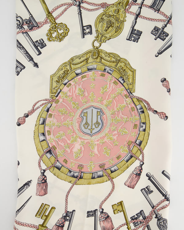 Hermès 'Les Cles' Pink, White and Yellow Printed Silk Scarf