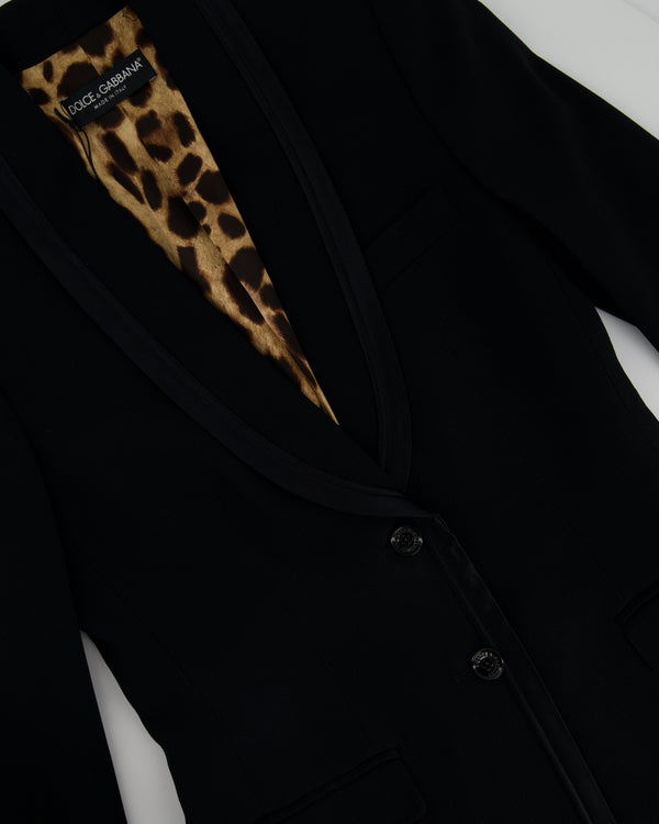 Dolce & Gabbana Black Blazer Styled Overcoat with Leopard Print Lining & Satin Trim Details Size IT 40 (UK 8)