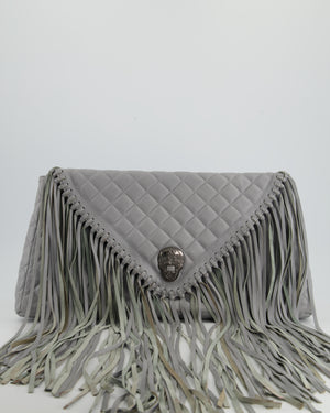 Thomas Wylde Grey Fringed Quilted Clutch Bag with Skull Gunmetal Hardware