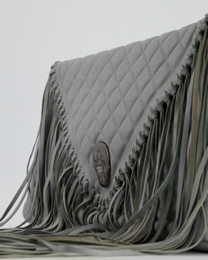 Thomas Wylde Grey Fringed Quilted Clutch Bag with Skull Gunmetal Hardware