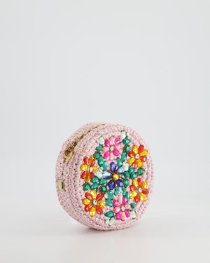 Dolce & Gabbana Pink Woven Round Crossbody Bag with Multicolour Crystal Flower Details with Gold Hardware