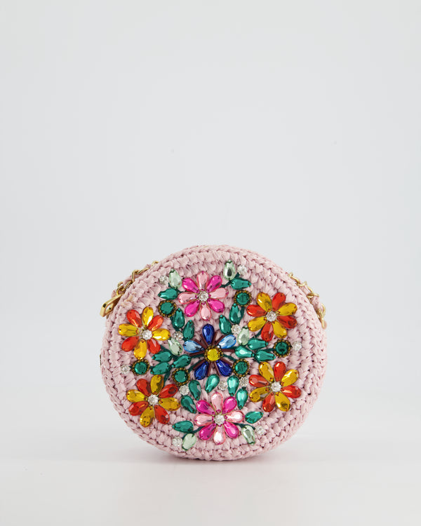 Dolce & Gabbana Pink Woven Round Crossbody Bag with Multicolour Crystal Flower Details with Gold Hardware